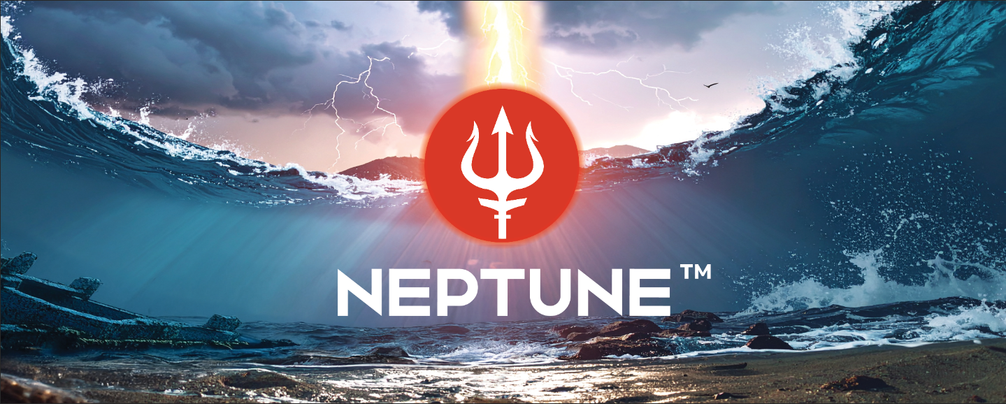 Subsea/ocean-floor scene with parted waters and golden light illuminating the Neptune™ trident logo.